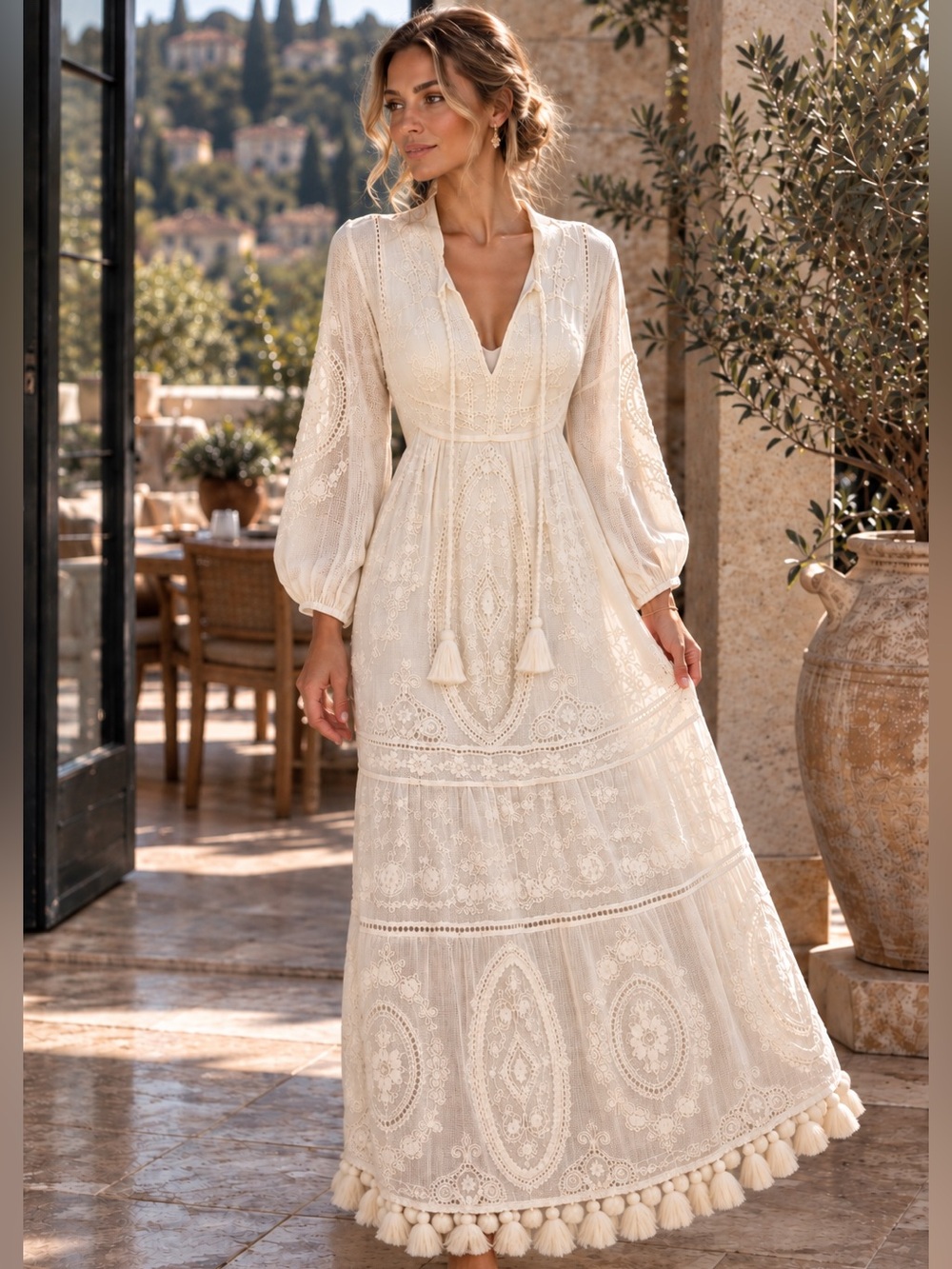ALEXIS Ivory Embroidered Cotton Maxi Dress M Boho Bridal Wedding Rehearsal